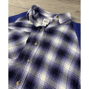 BDG Women's Keanu Varsity Flannel Plaid Button Up Raglan Sleeves Blue Size M